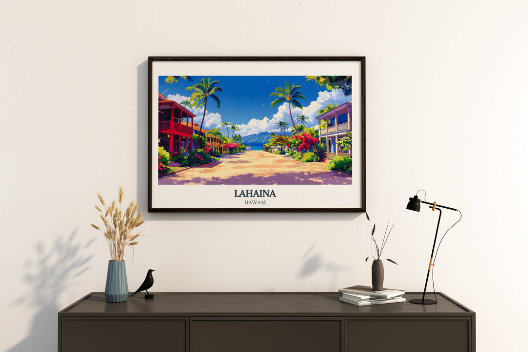Modern wall decor of Lahaina showcasing a blend of urban and natural elements from Maui, perfect for contemporary Hawaiian art lovers.