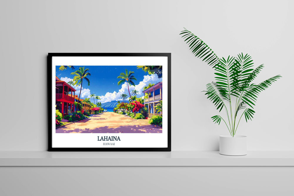 Art print of Front Street, Lahaina, capturing the lively atmosphere and scenic beauty, ideal for enhancing home decor with Hawaiian vibes.