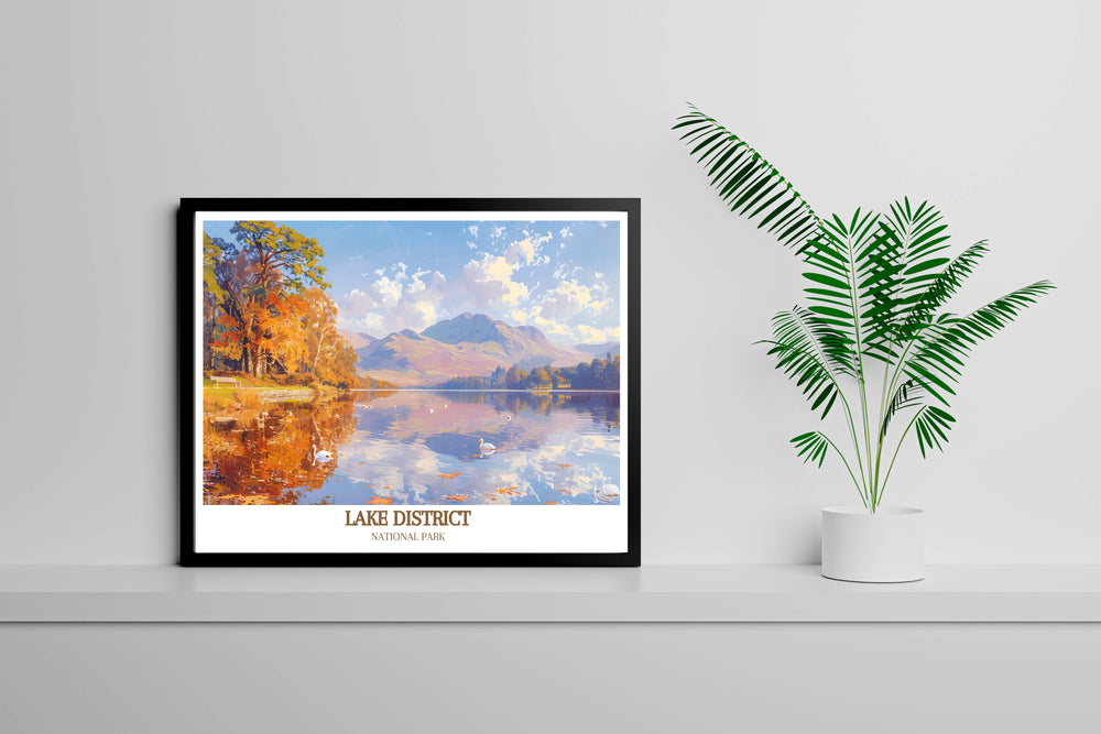 Artistic representation of Derwentwater, capturing the lakes calm waters and surrounding fells, ideal for serene home decor.