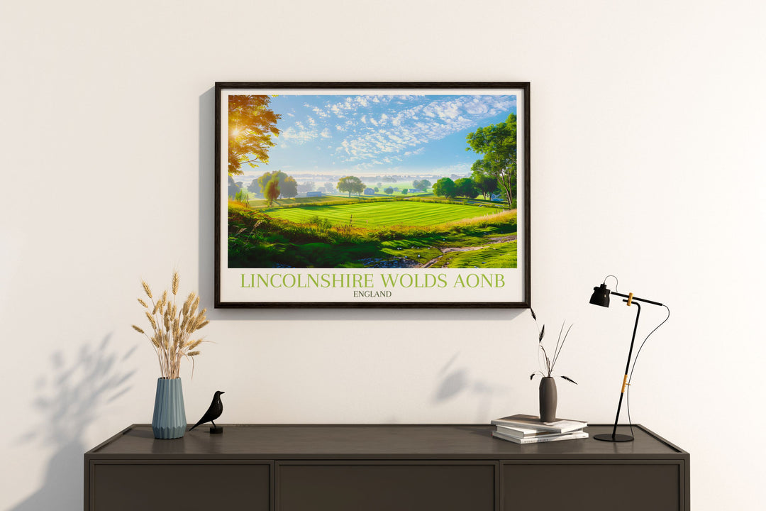 Fine art print showcasing the tranquil hills and woodlands of Lincolnshire Wolds AONB, perfect for those who love serene landscapes.