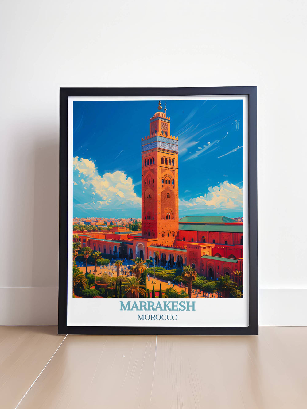 Framed art of Marrakesh showing detailed street views with vibrant market stalls and traditional Moroccan architecture.