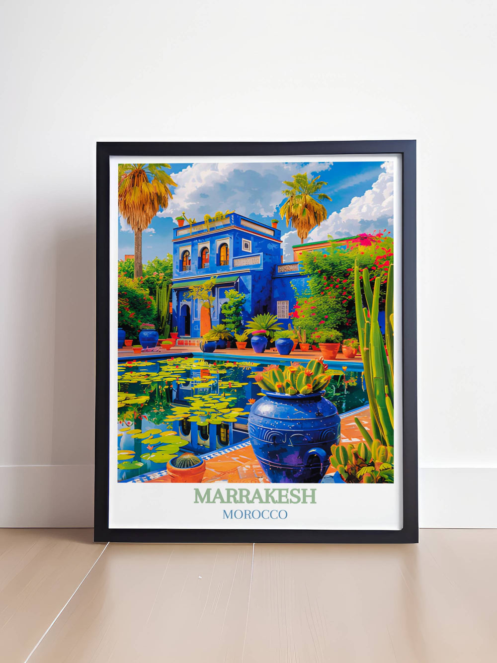 Majorelle Garden art print captures the tranquil water features surrounded by exotic plants and vibrant flowers, embodying the gardens peaceful atmosphere.
