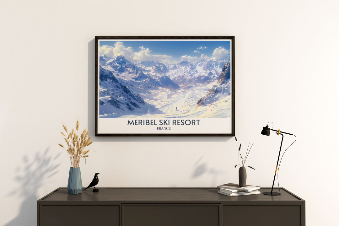 Framed art print of Meribel Ski Resort showcasing skiers on snowy slopes with Mont Vallon in the backdrop, capturing the essence of French skiing.