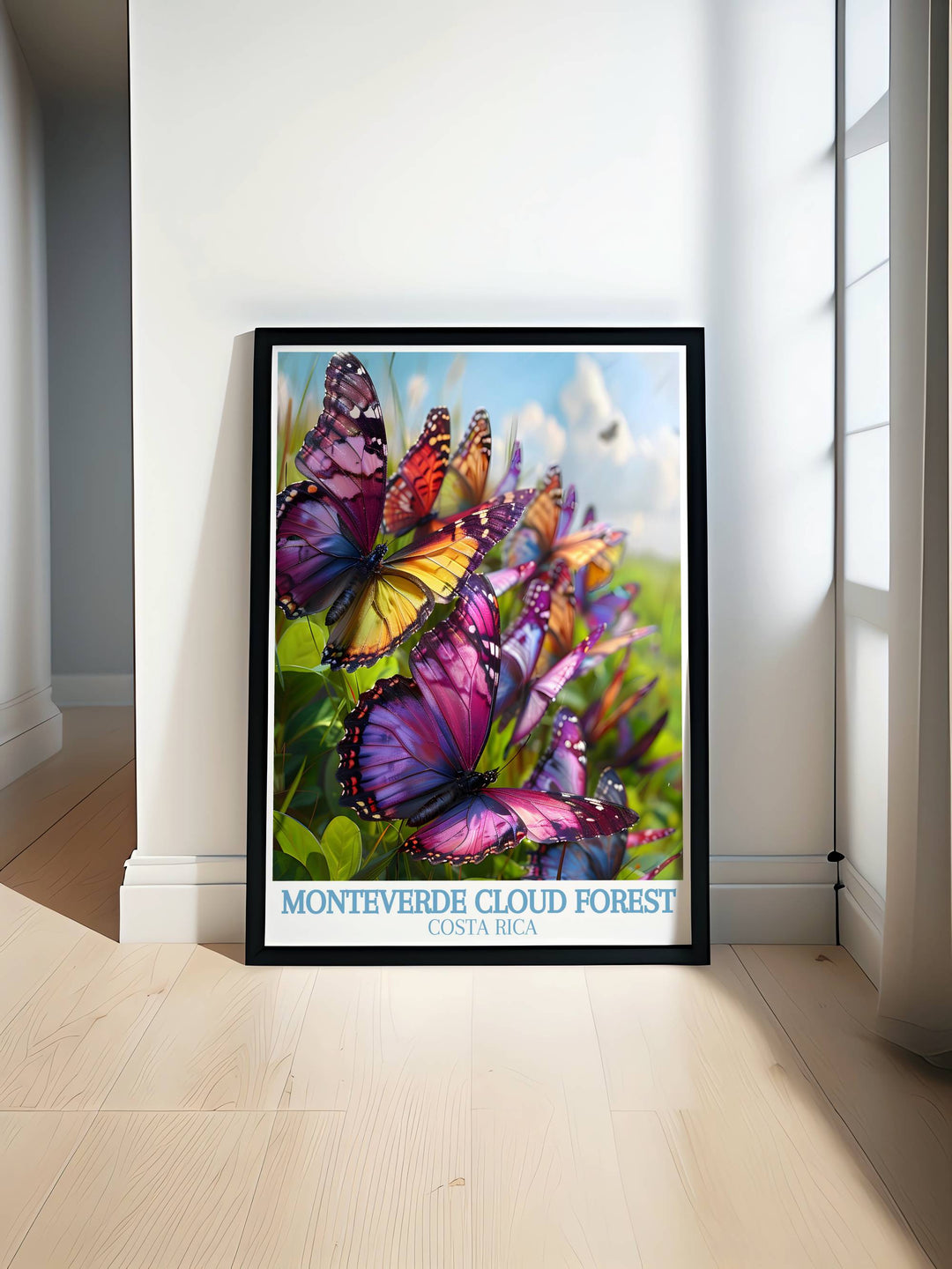 Gallery wall art featuring the lush Monteverde Cloud Forest, illustrating its diverse flora and fauna in vibrant colors.