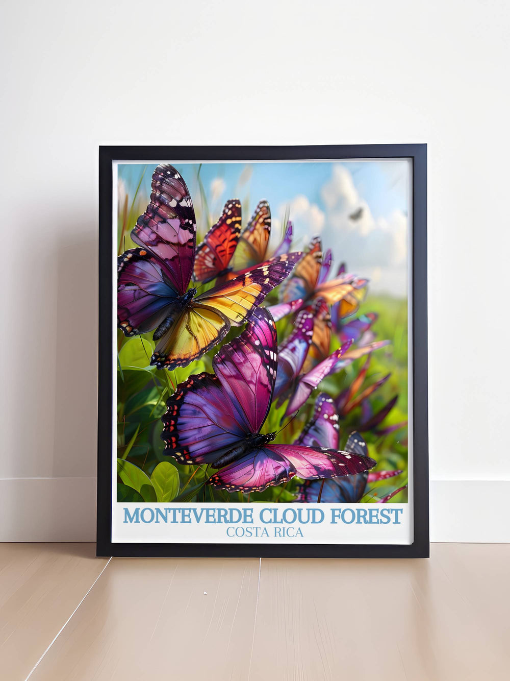 Framed art of the Monteverde Butterfly Garden showing detailed images of various butterfly species in their natural habitat.
