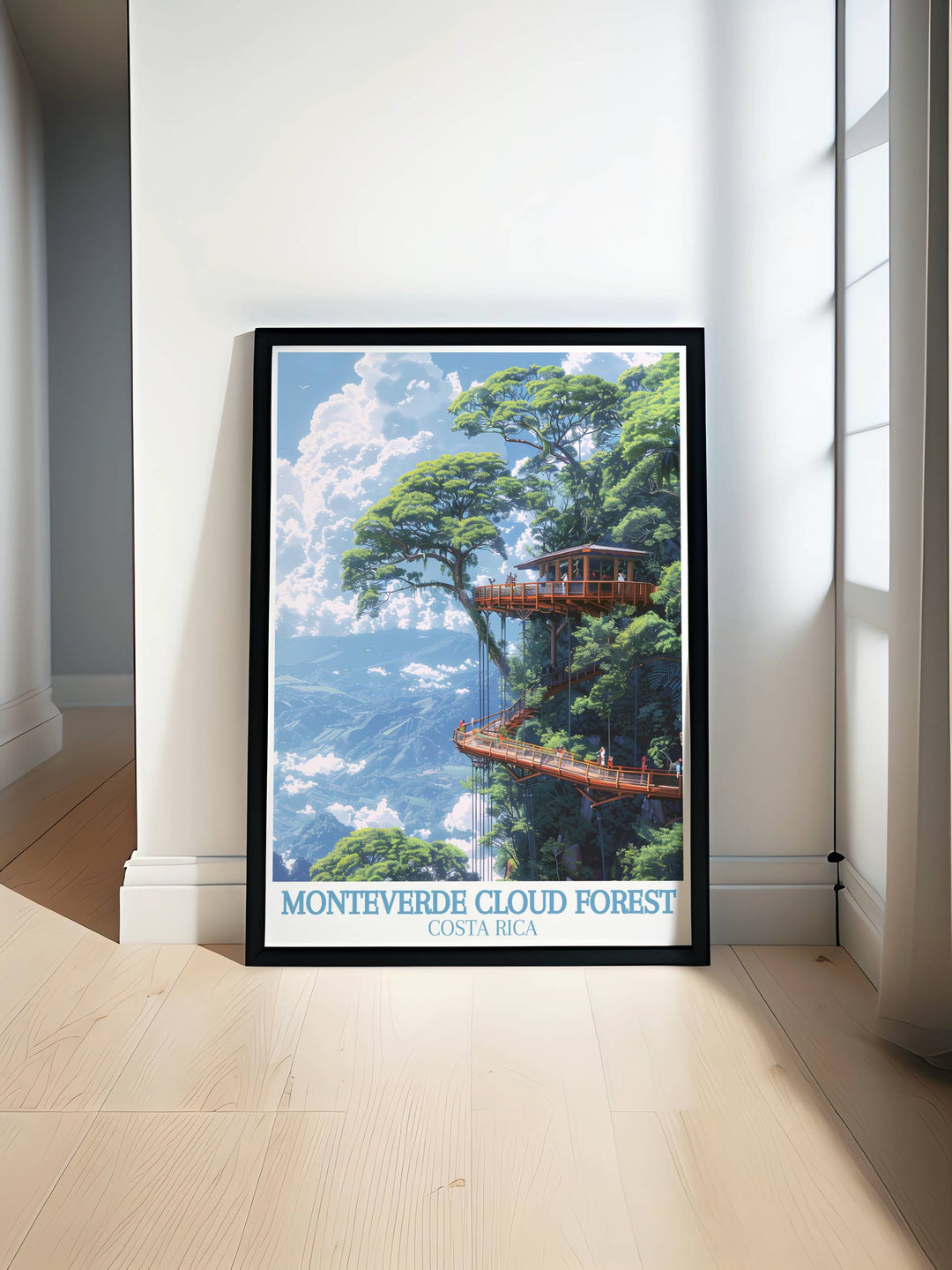 Wall art depicting the Monteverde Sky Walk with detailed illustrations of the high canopy and surrounding cloud forest.