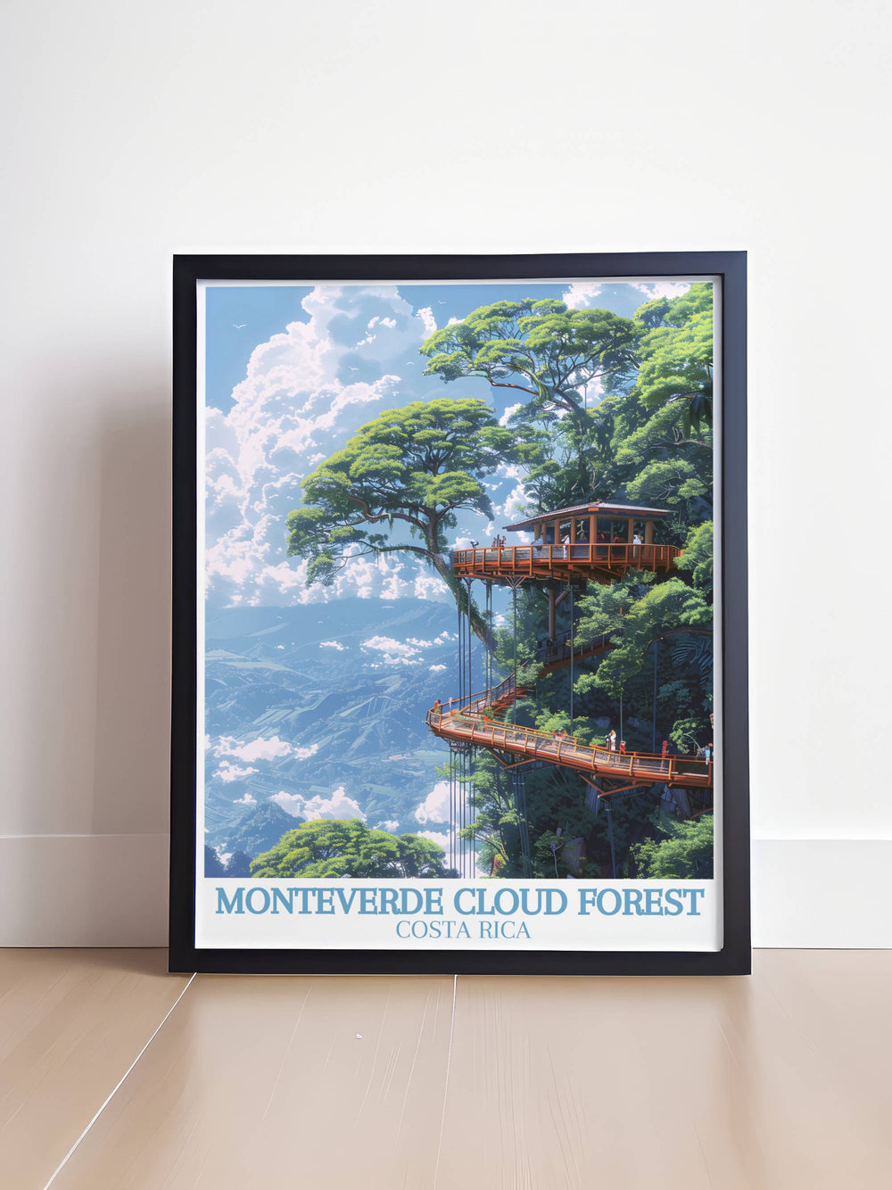 Modern wall decor of the Sky Walk in Monteverde, featuring the rich greens of the forest blending with the clear skies above.