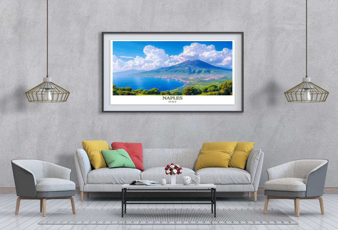 Fine art print of Naples with Mount Vesuvius in the background, capturing the citys vibrant life and iconic volcano.
