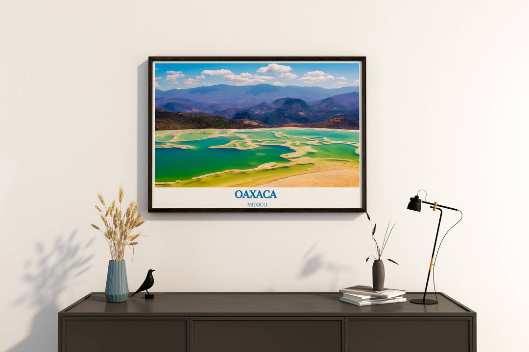 Oaxaca wall art capturing the serene beauty of Hierve el Aguas natural pools surrounded by lush Mexican landscapes.