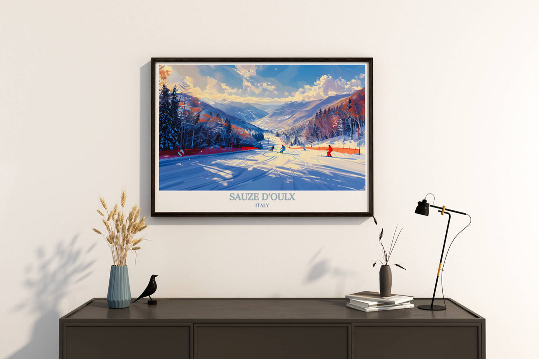 Sauze dOulx Ski Resort Modern Wall Decor capturing the thrilling slopes and stunning landscapes of the Italian Alps, perfect for adding adventure to your home decor.