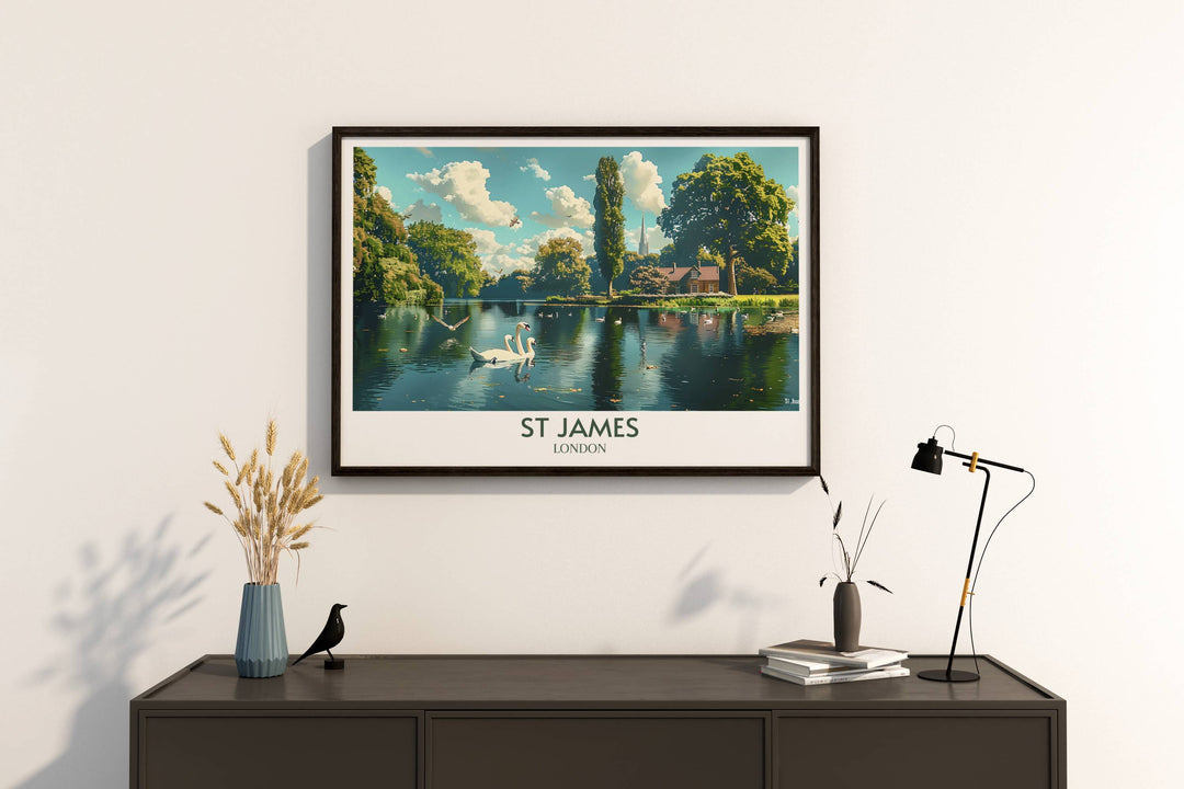 St Jamess Park Duck Island captured in stunning modern wall decor, showcasing the serene beauty of Londons hidden gem with lush greenery and tranquil waters.