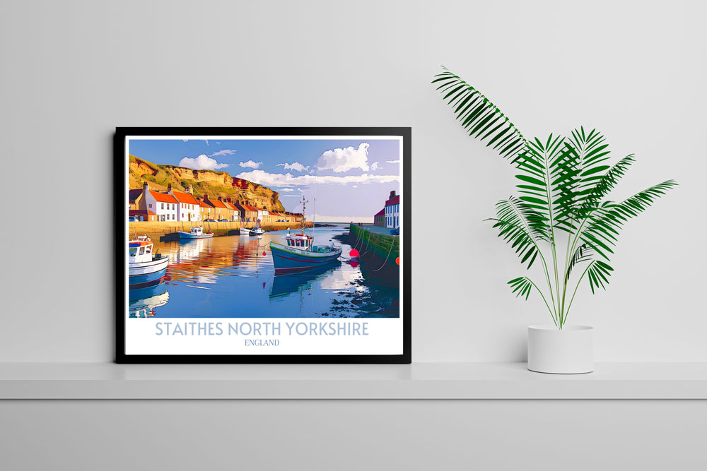 Detailed illustration of Staithes Harbour in North Yorkshire, showcasing the bustling fishing boats, dramatic cliffs, and pastel colored cottages, perfect for coastal wall art enthusiasts.