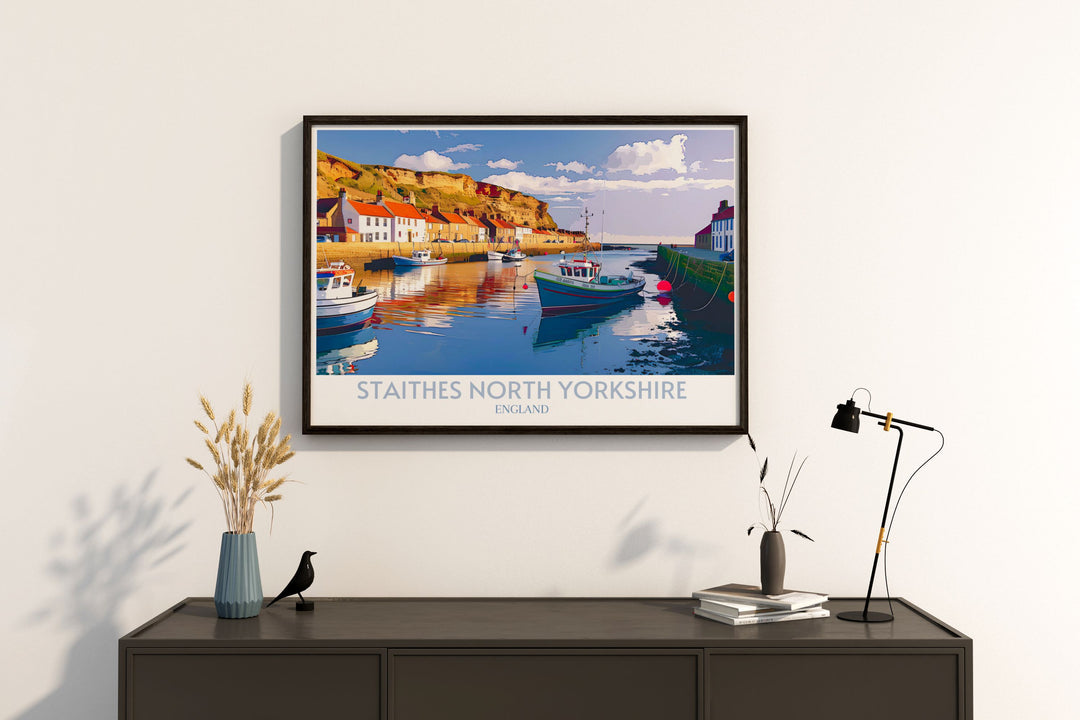 Staithes Harbour Canvas Art featuring the picturesque fishing village in North Yorkshire with vibrant colors and intricate details, capturing the charm and heritage of the coastal town for a stunning addition to any home decor.