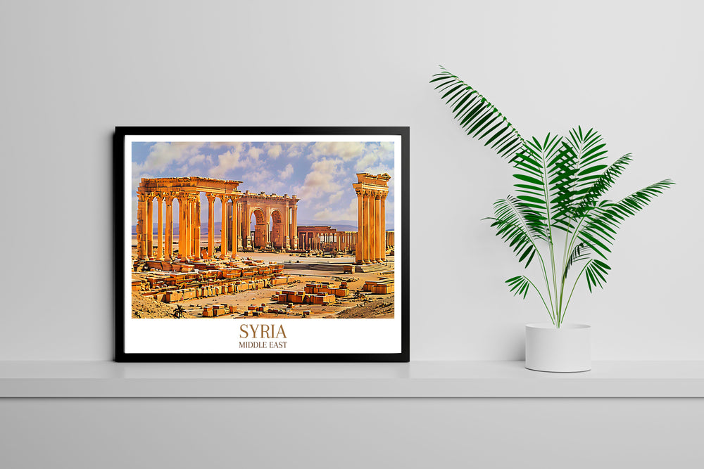 Beautiful Palmyra framed art illustrating the grandeur of the ancient city, featuring the iconic ruins and timeless beauty of Syria, bringing a piece of the countrys rich heritage into your home decor, ideal for adding a touch of historical elegance to any space.