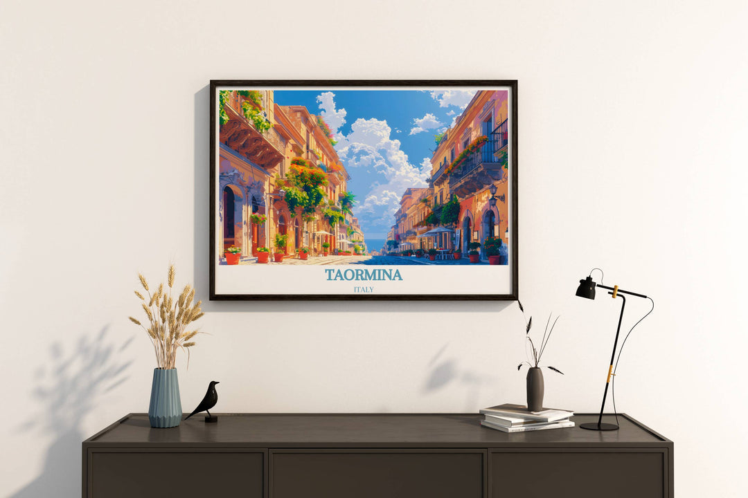 Taormina art print capturing the vibrant colors and lively atmosphere of Corso Umberto, perfect for adding a touch of Italian charm to any room.