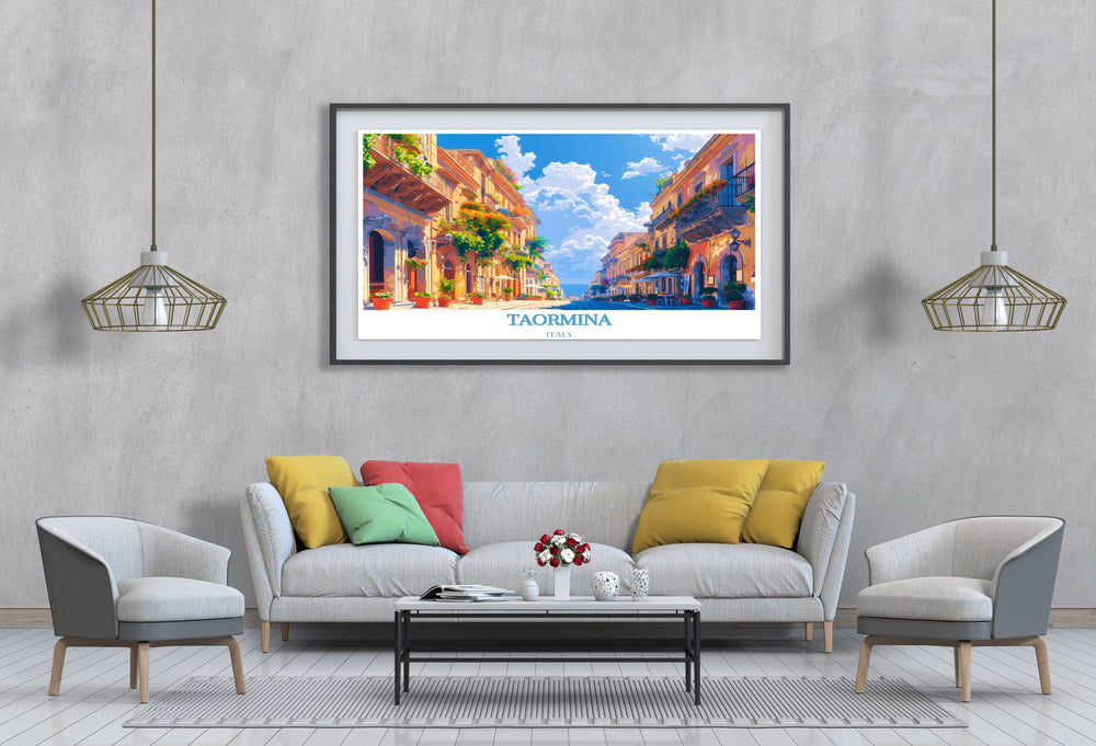Beautiful Corso Umberto canvas art depicting the iconic street in Taormina, showcasing the architectural beauty and cultural heritage of Italy.