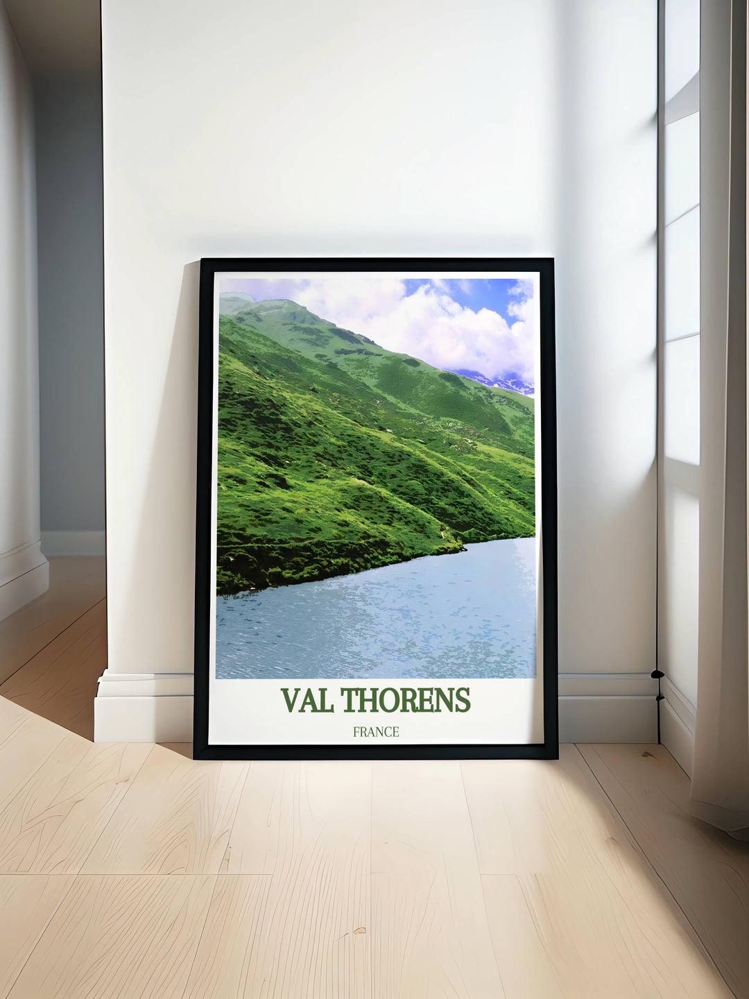 Val Thorens art print featuring the serene Lac du Lou, capturing the majestic beauty of the French Alps with vibrant colors and intricate details. Ideal for adding a touch of alpine charm to your home decor.