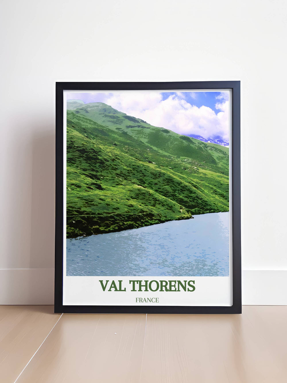 Lac du Lou framed art showcasing the tranquil lake and snow covered peaks of Val Thorens in the French Alps. Perfect for enhancing your living space with the serene beauty and elegance of this iconic ski resort.