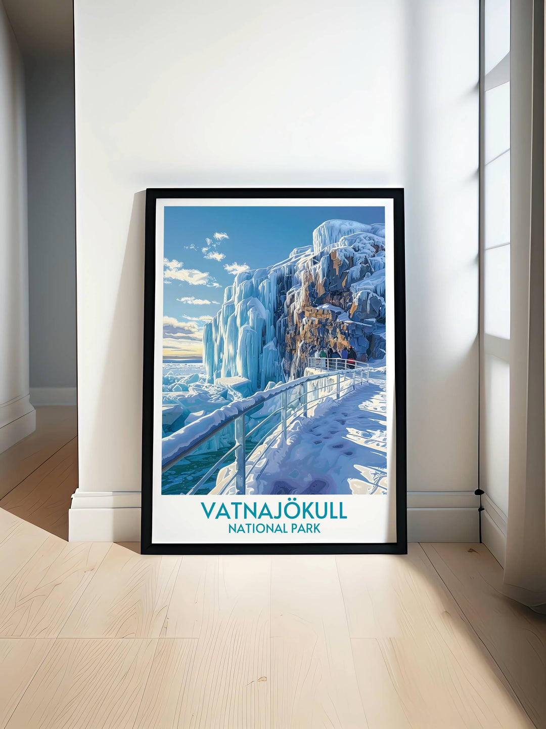 Vatnajökull Glacier modern wall decor featuring the vast expanse of ice and snow surrounded by Icelands rugged landscape, perfect for adding a touch of nature to your decor.