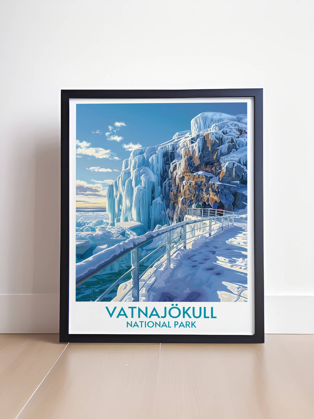 Detailed modern print of Vatnajökull Glacier, highlighting the cool blues and whites of the glacier contrasting with the deep greens and browns of the Icelandic terrain.