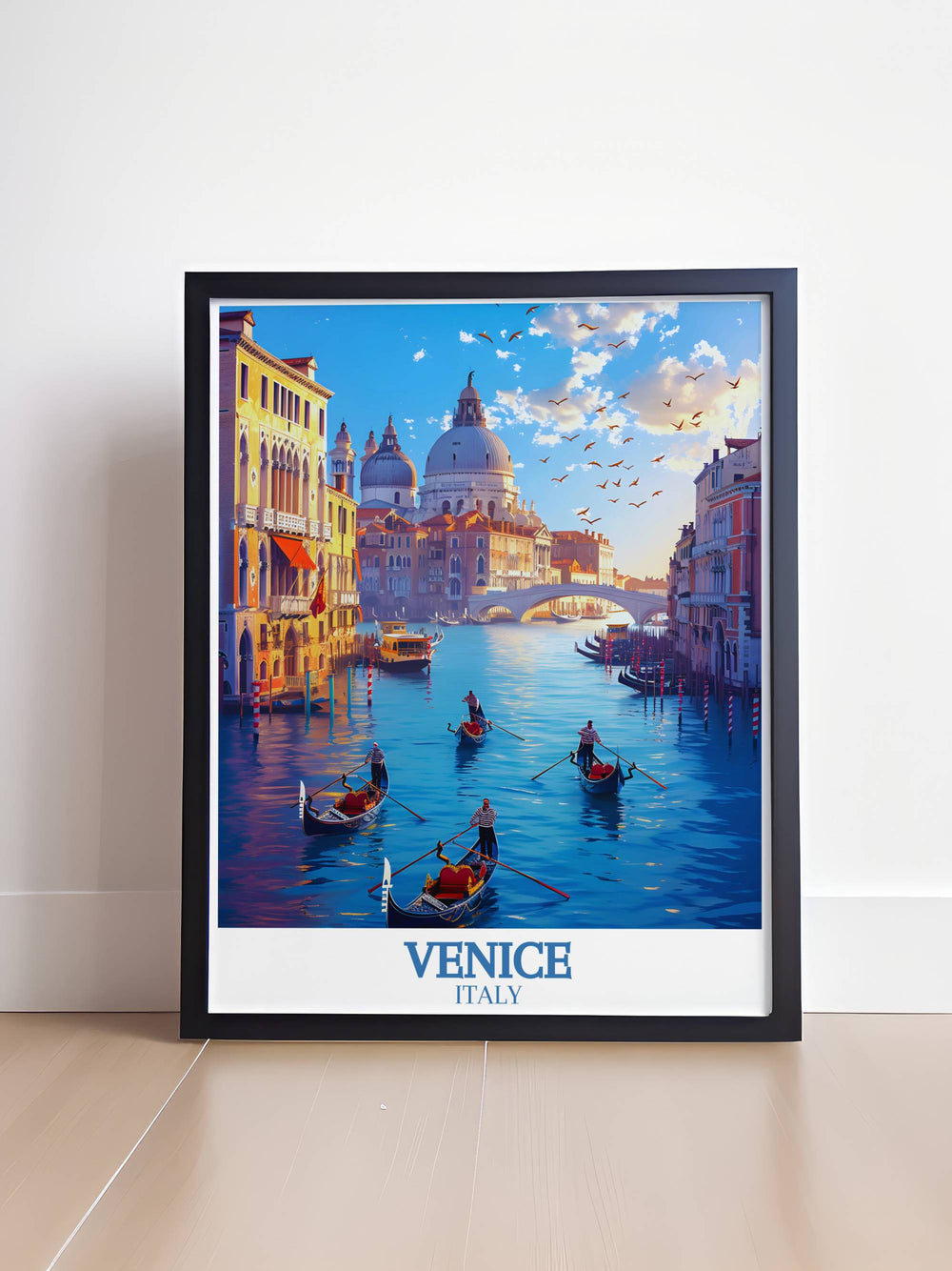 Venice travel print featuring a vibrant depiction of the Grand Canal, highlighting the intricate details and rich colors of the palaces and gondolas, bringing the timeless charm and unique beauty of Venice into your home.