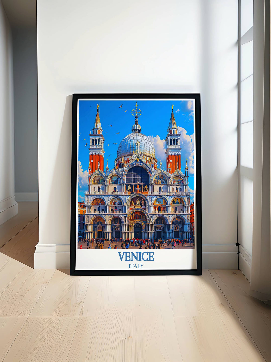 Detailed art print of St. Marks Basilica showcasing the intricate mosaics and majestic domes, capturing the architectural splendor and historical significance of this iconic Venetian landmark, perfect for adding a touch of elegance to any home decor.