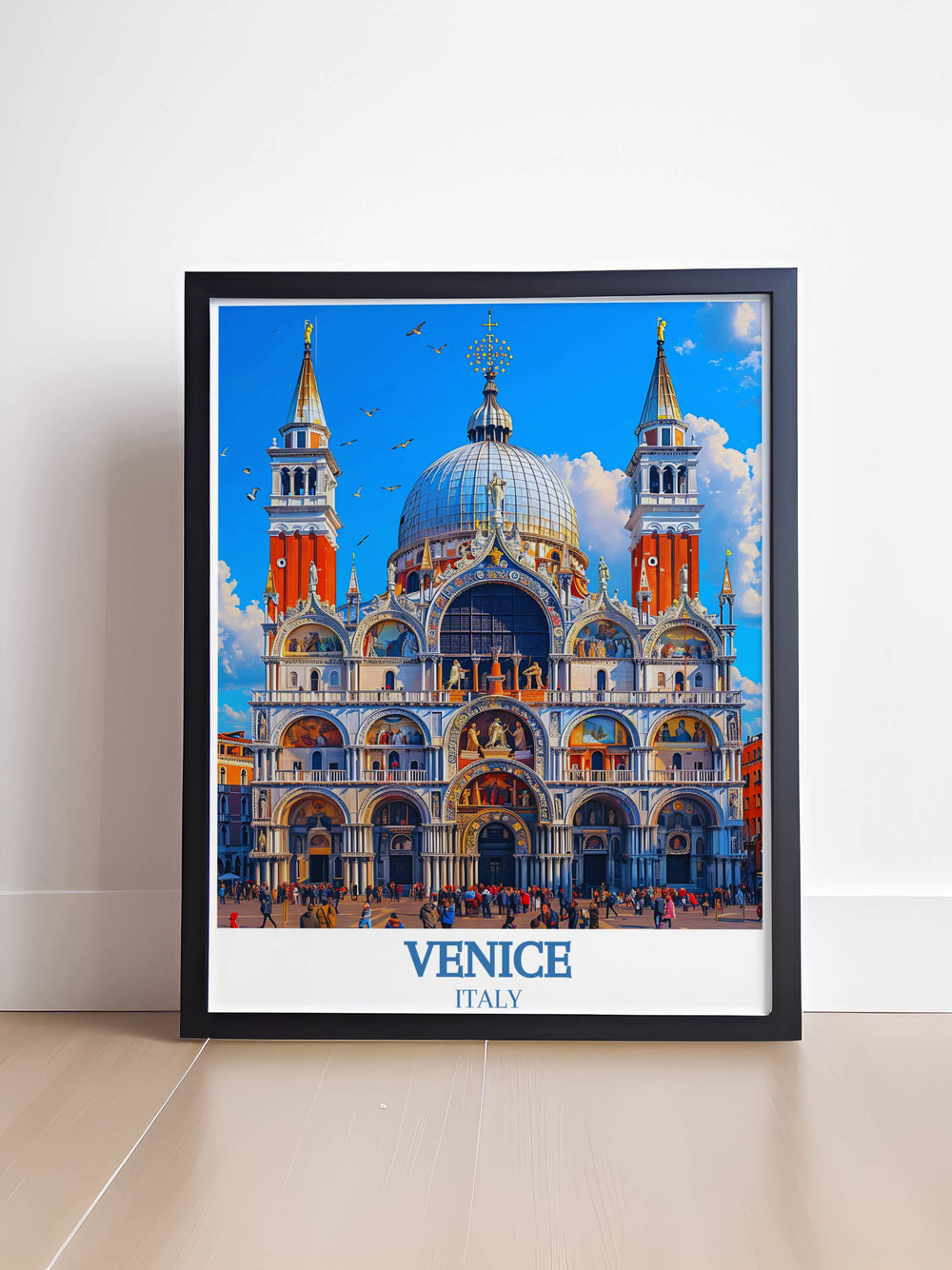 Stunning travel poster of Venices Grand Canal featuring gondolas gliding through the serene waterways, with the Rialto Bridge in the background, evoking the romantic allure and timeless charm of this enchanting city, ideal for travel themed decor.