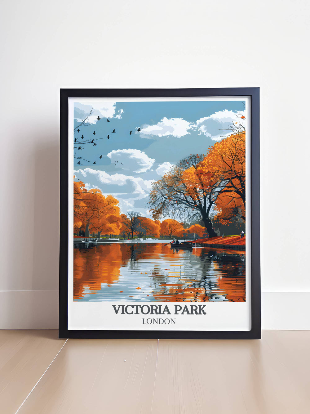 The Boating Lake travel poster featuring calm waters and historic boats reflecting lush greenery perfect for creating a tranquil atmosphere in any room.