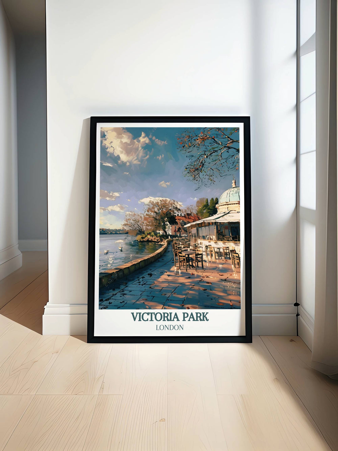 Victoria Park wall art showcasing the picturesque charm of The Pavilion Café in East London ideal for adding elegance and serenity to any room decor.