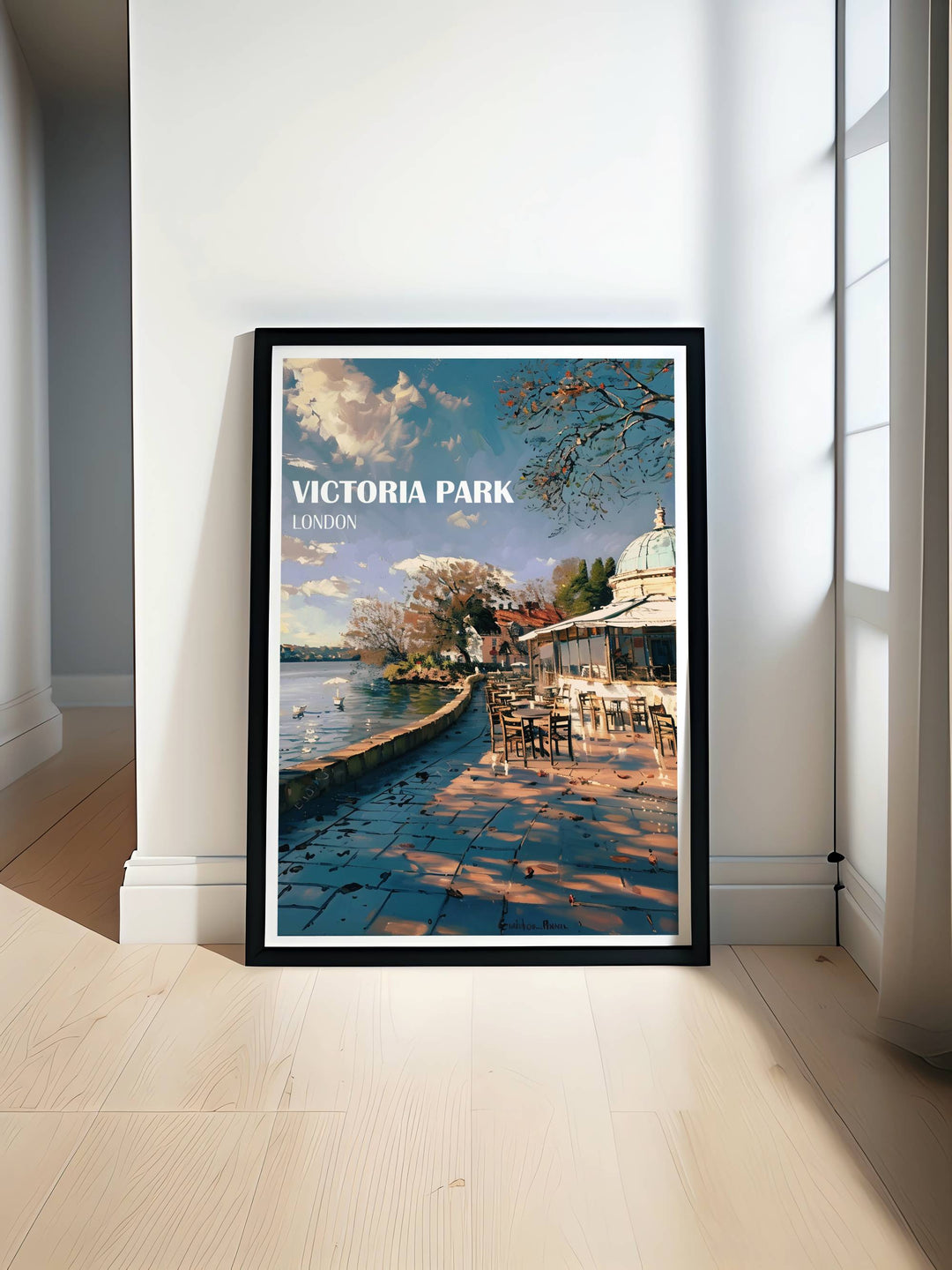 Victoria Park poster featuring The Pavillion Café surrounded by lush greenery and reflecting the serene lake waters, perfect for East London home decor.