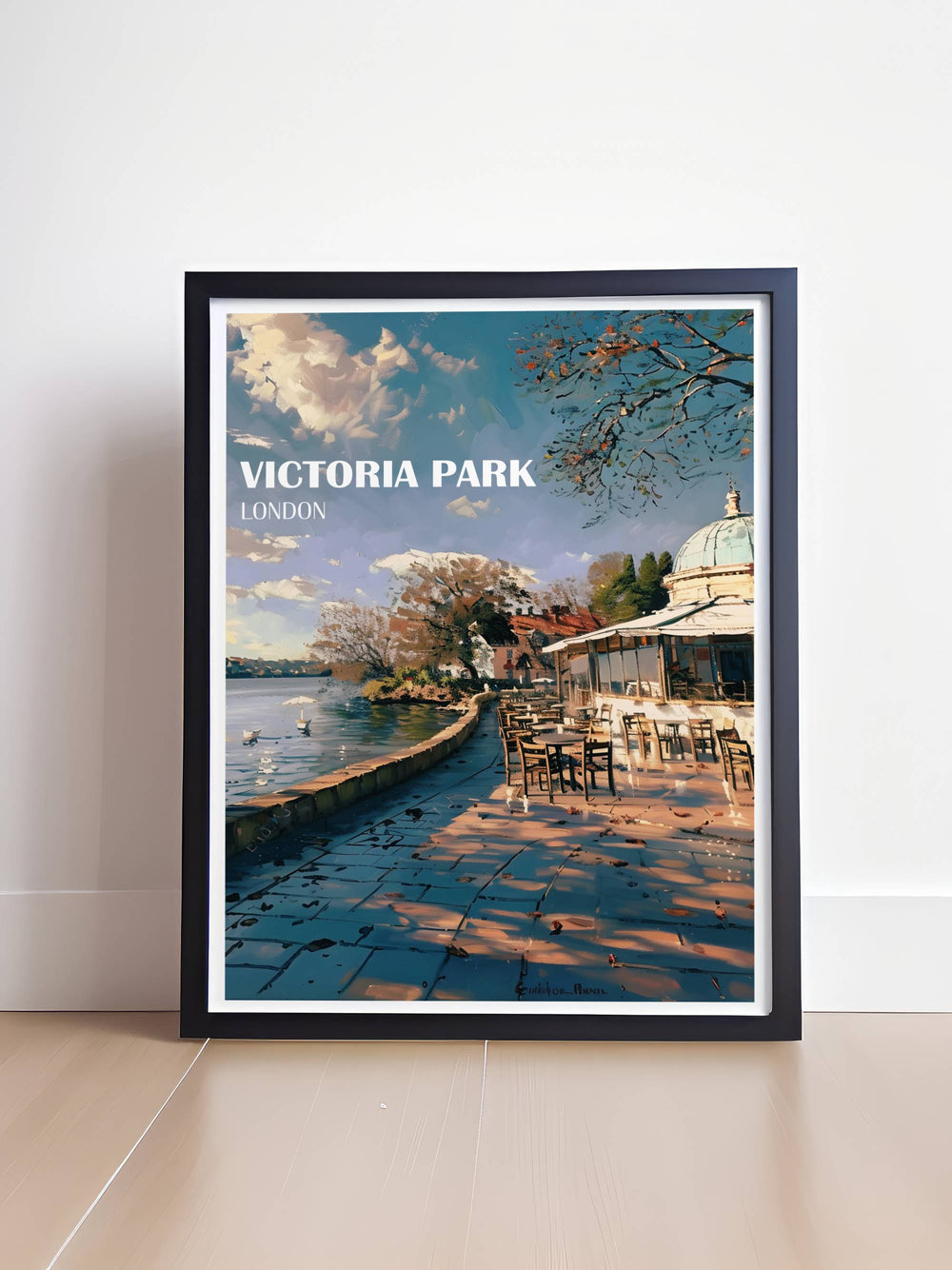 London vintage poster of Victoria Parks The Pavillion Café, capturing the tranquil ambiance and vibrant nature in exquisite detail.
