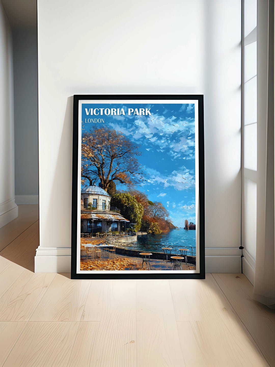 Modern wall decor of Victoria Park showcasing the Pavilion Café, capturing the serene ambiance of this iconic London park in vibrant colors and intricate details.