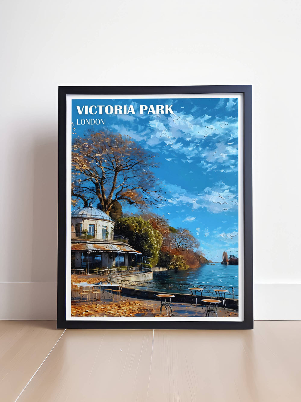 Framed art of the Pavilion Café in Victoria Park, highlighting the inviting atmosphere and picturesque views of the parks lush landscapes.