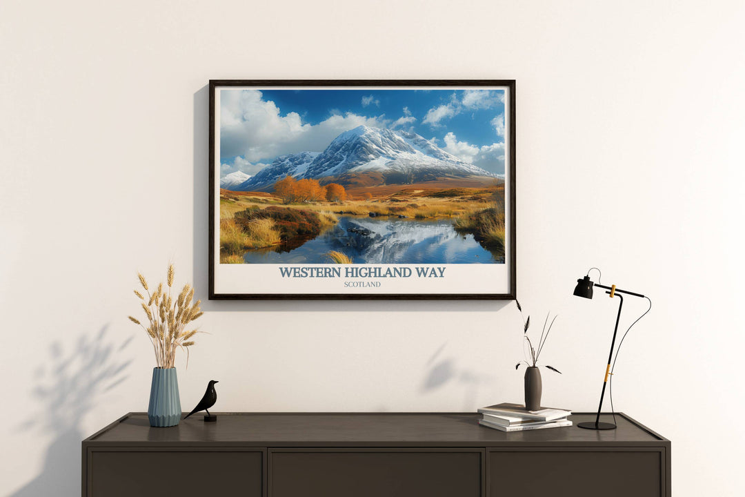 Stunning view of Buachaille Etive Mor along the West Highland Way, showcasing the rugged charm of the Scottish Highlands in a detailed modern wall art piece.