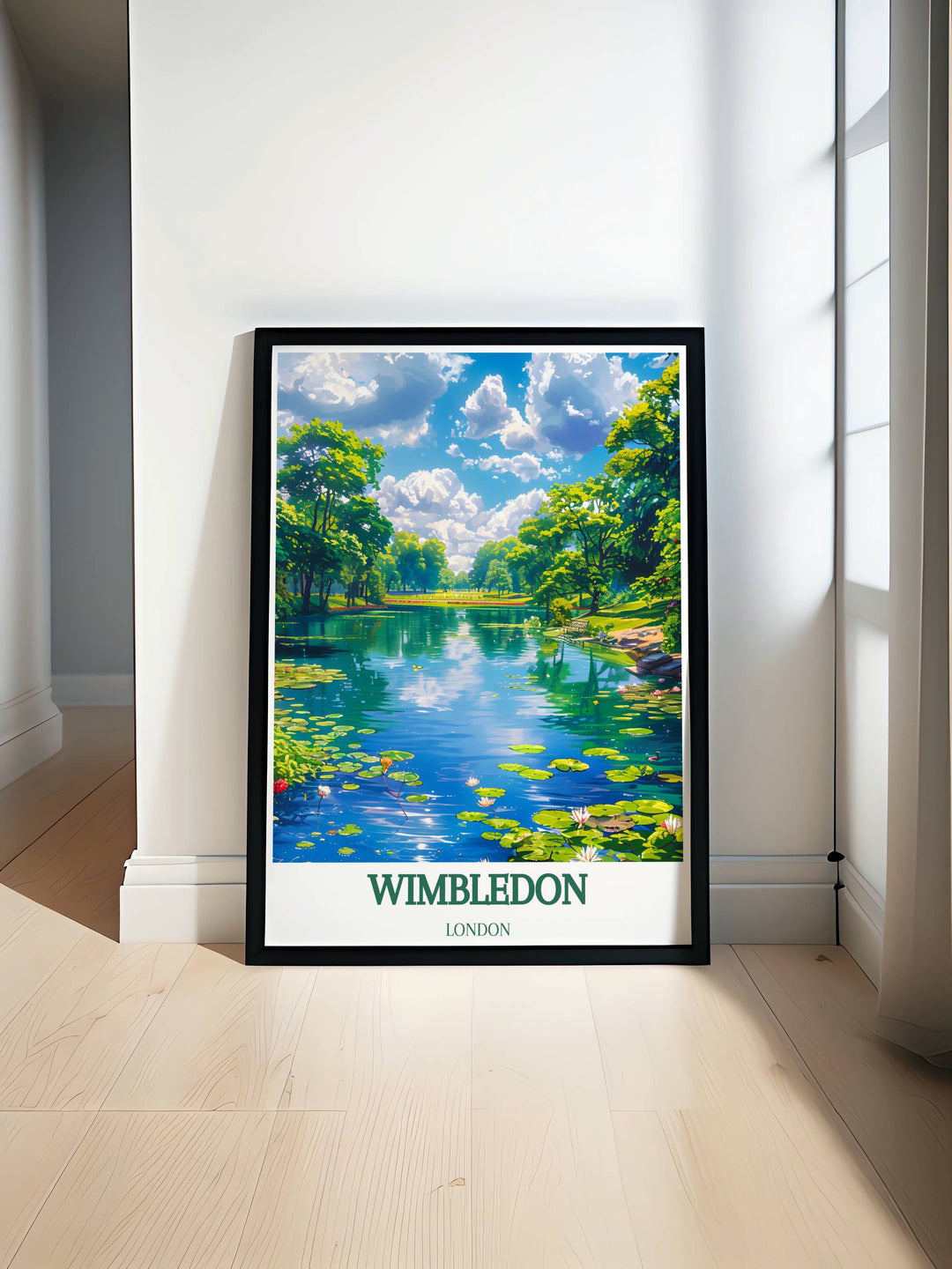 Wimbledon Common travel poster showing the lush greenery and serene paths, capturing the tranquil beauty of this iconic London location in vibrant detail.