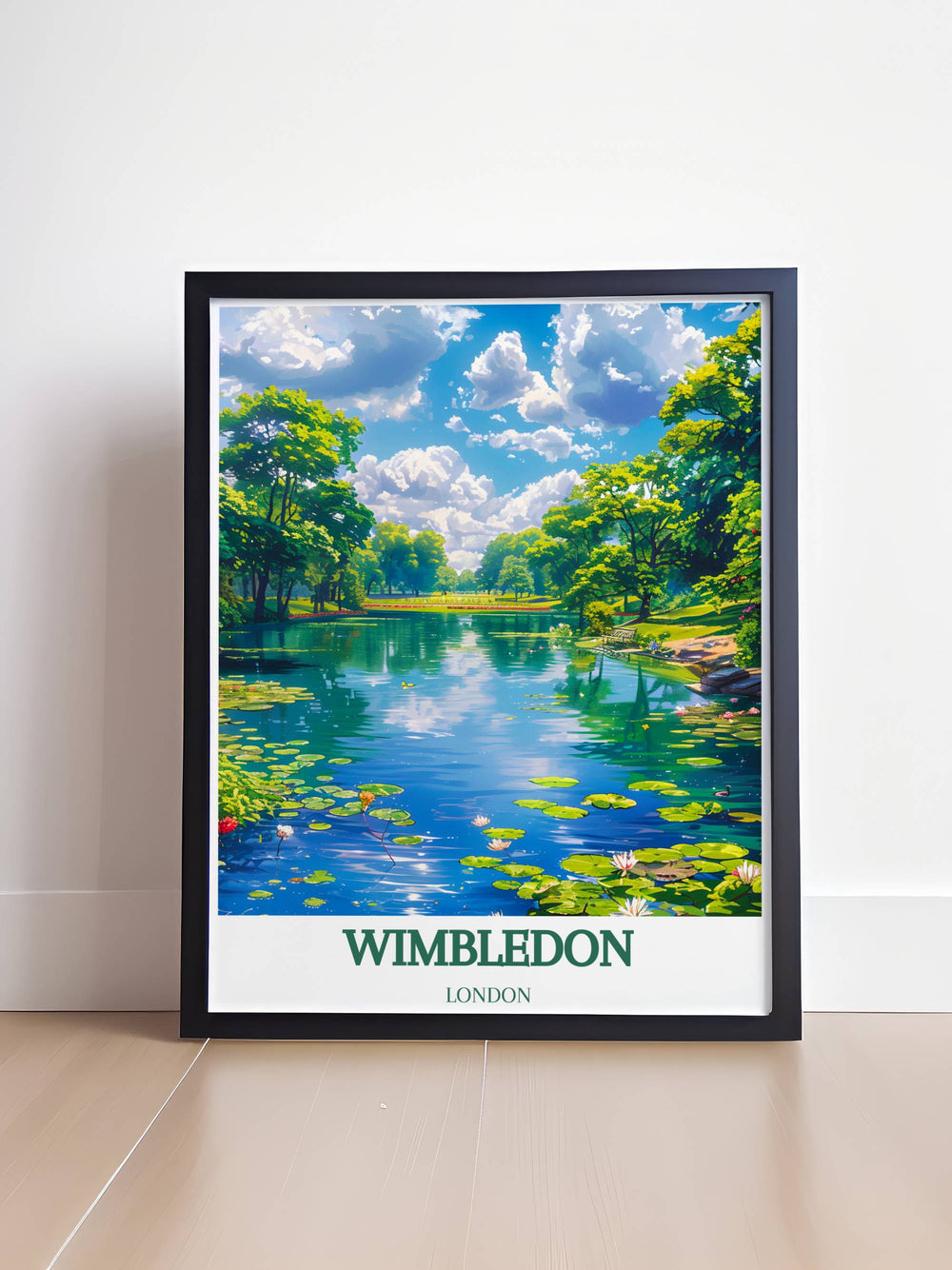 Detailed poster of Wimbledon Common highlighting the natural beauty and iconic landmarks like the historic Wimbledon Windmill, perfect for home decor.