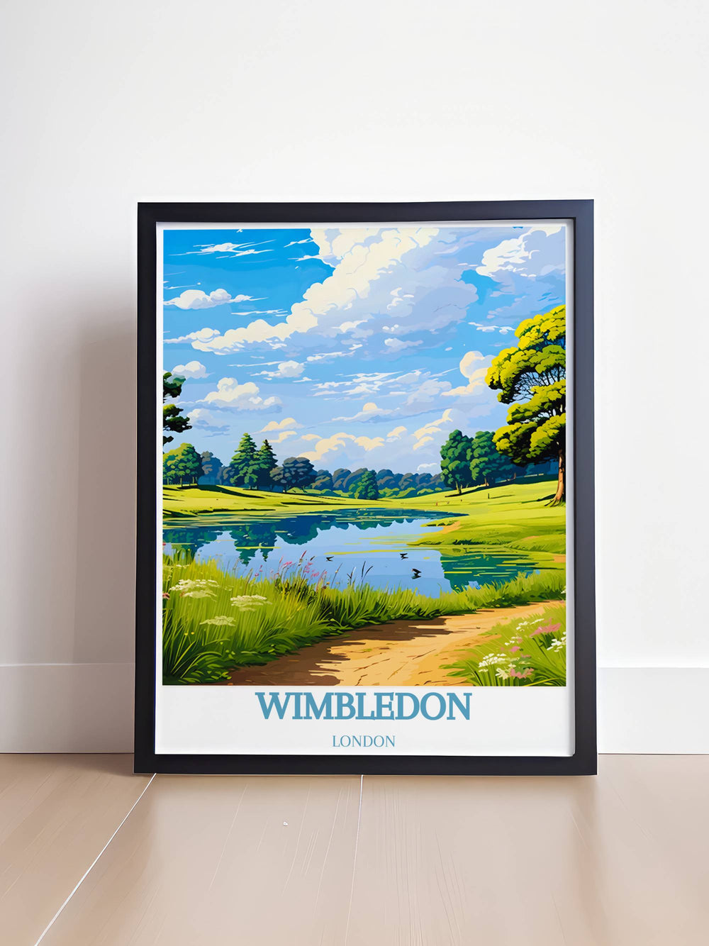 Detailed framed print of Wimbledon Common highlighting the natural beauty and iconic landmarks like the historic Wimbledon Windmill, perfect for home decor.