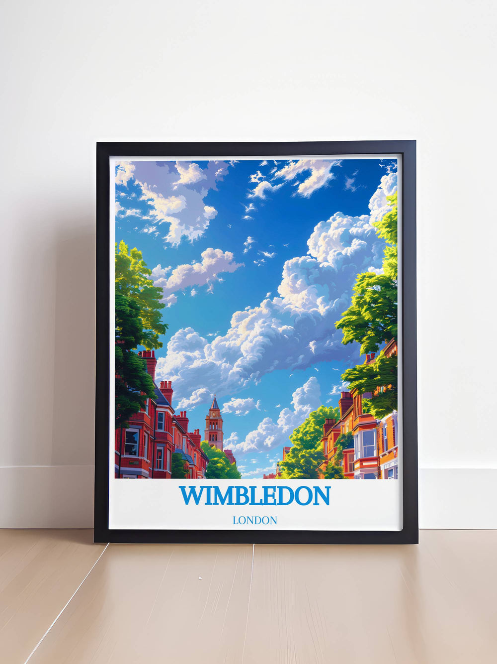 Vibrant print of Wimbledon Common showcasing its sprawling meadows and the historic Wimbledon Windmill, perfect for modern wall decor.