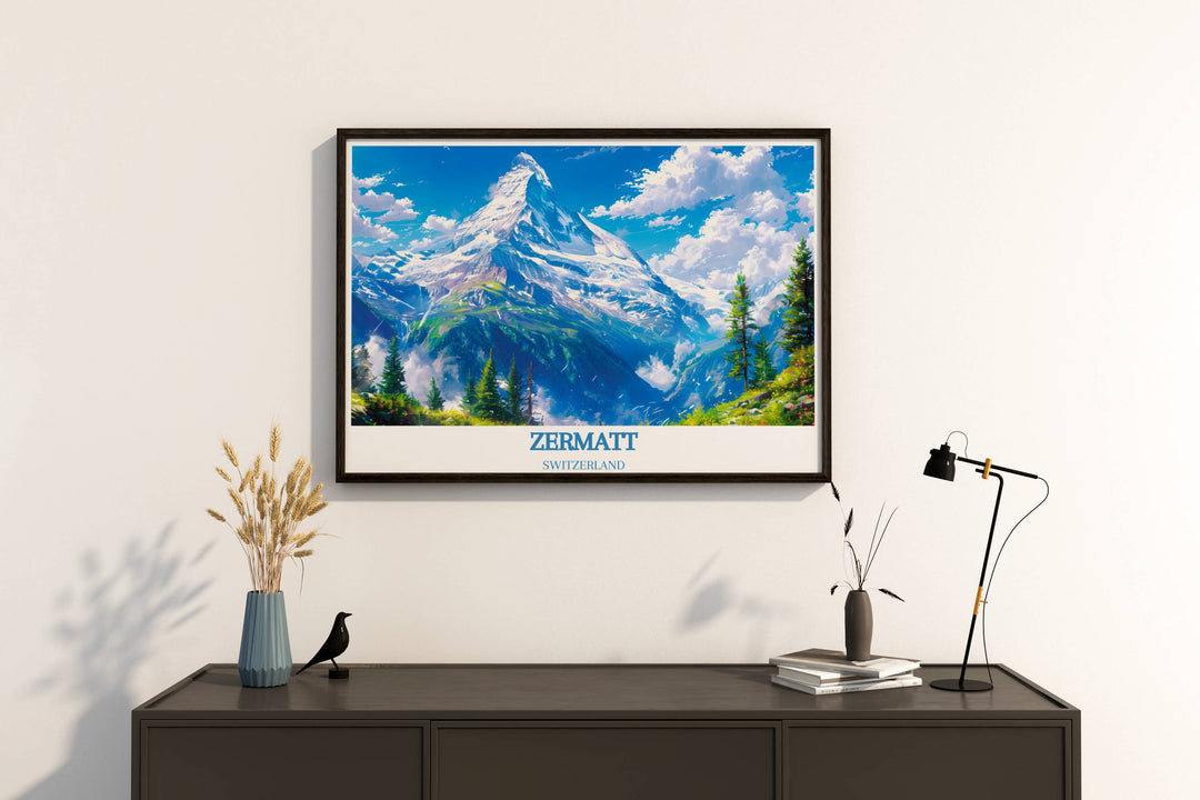 Detailed fine art print of Zermatt Ski Resort highlighting the majestic Matterhorn and its surrounding alpine landscapes, perfect for enhancing your home decor with Swiss elegance.