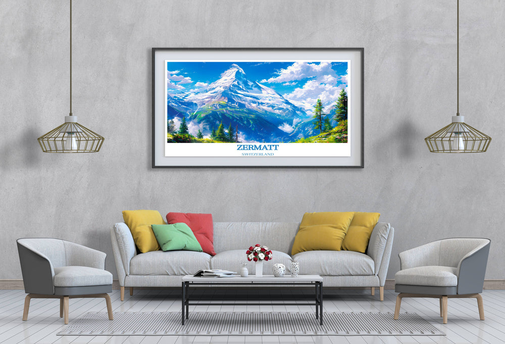 Vibrant Matterhorn artwork capturing the iconic mountains beauty and the charm of Zermatt, bringing the breathtaking views of the Swiss Alps into your living space.