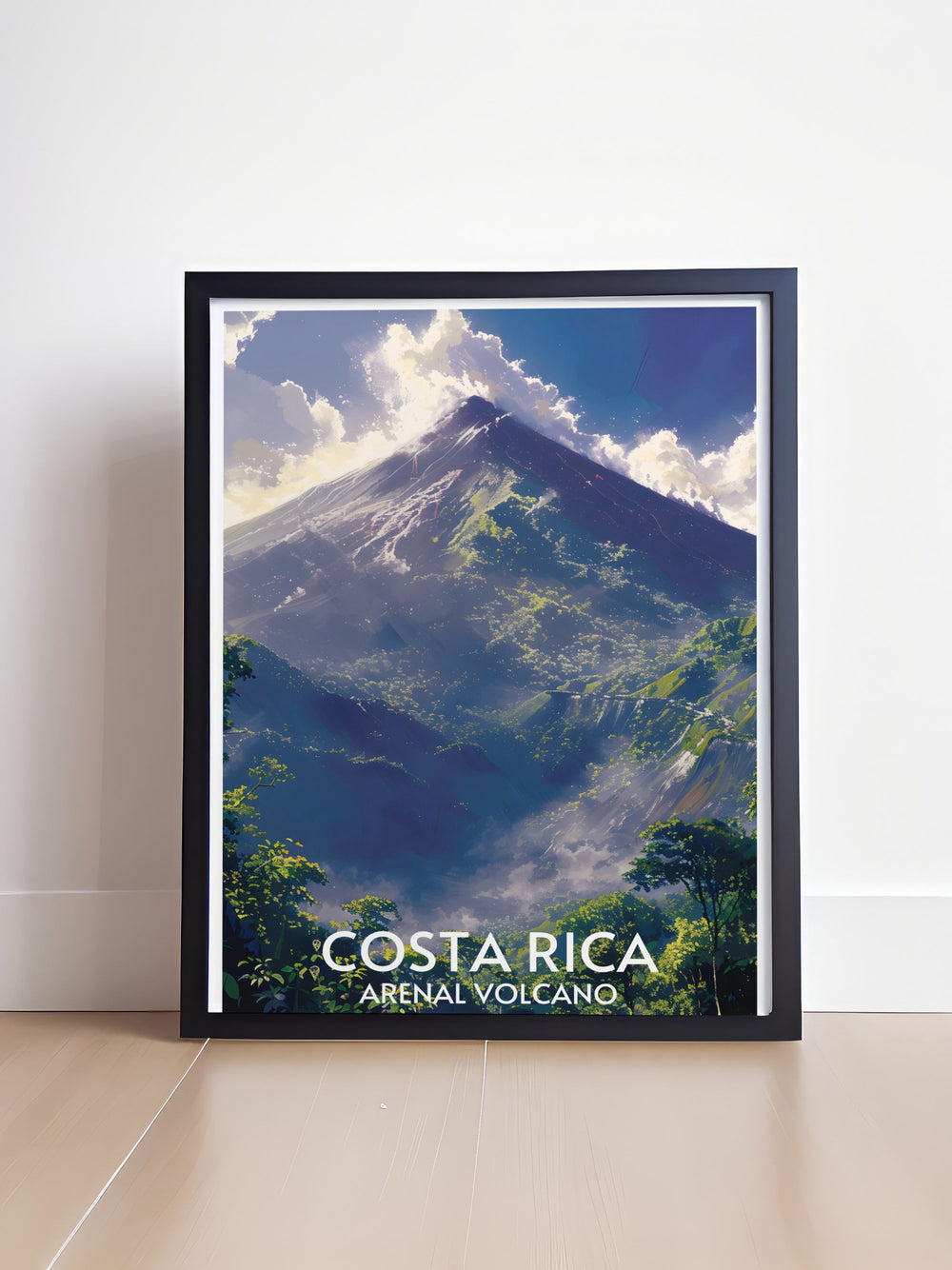 Arenal Volcano during a clear day, its imposing silhouette set against a crisp blue sky in this breathtaking poster.