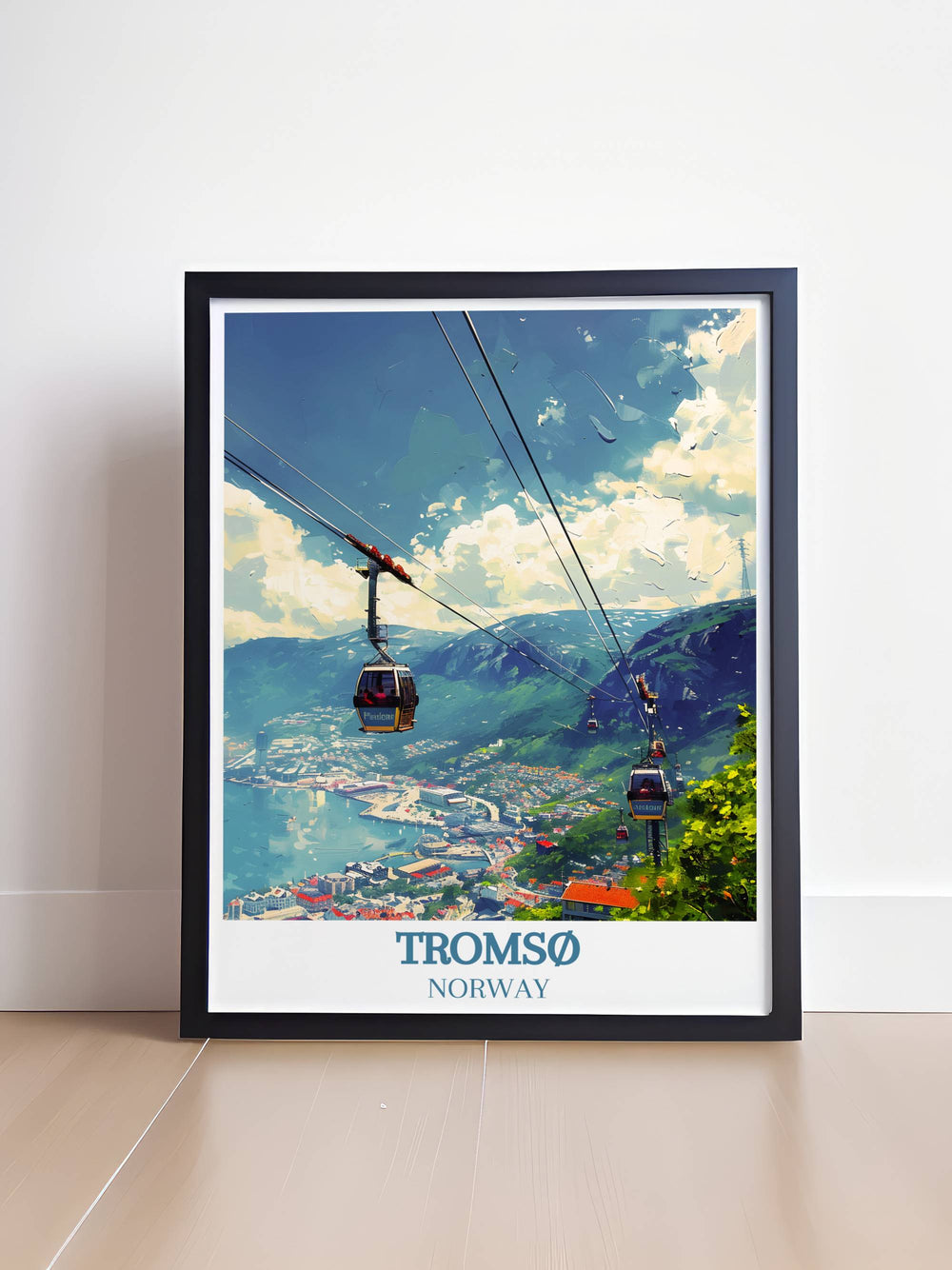 Detailed print of Tromsos Fjellheisen cable car, highlighting the majestic beauty of Norways northern landscapes, ideal for nature enthusiasts and art lovers.