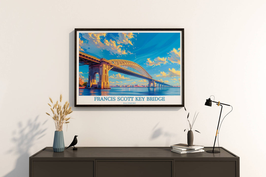 This travel poster features the Baltimore Bridge, highlighting its importance in Maryland’s landscape. The digital art print invites viewers to appreciate the bridges architectural grandeur.