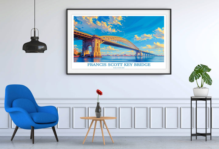 Marvel at the structural elegance of the Francis Scott Key Bridge through this beautifully crafted Maryland art print. A must-have digital download for collectors of iconic travel posters.