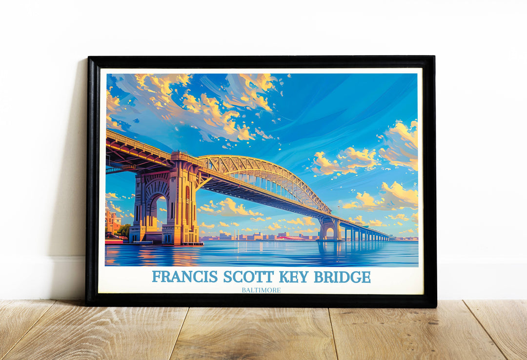 This digital art print showcases the stunning Francis Scott Key Bridge, a celebrated Maryland landmark, perfect for enhancing any travel poster collection or as a striking wall feature.