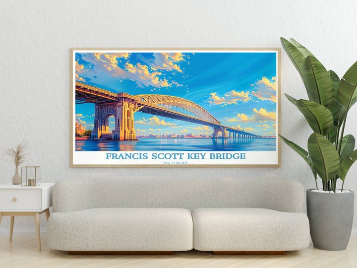 The architectural beauty of the Francis Scott Key Bridge shines in this Maryland art print. Ideal for travel enthusiasts, this piece serves as a breathtaking reminder of Baltimores heritage.