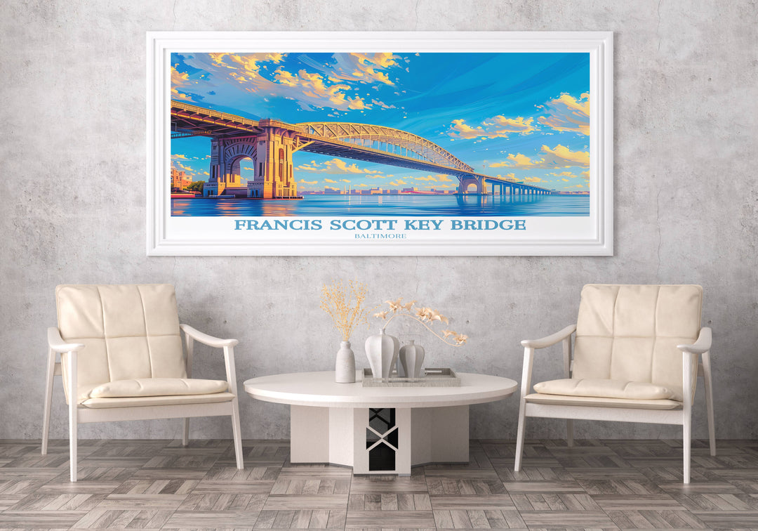 Marylands iconic Baltimore Bridge is the focal point of this vibrant digital art print. An essential addition to any travel poster series, it captures the essence of adventure and discovery.