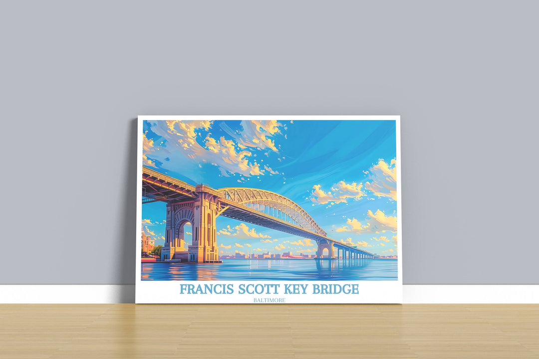 An artistic rendition of the Francis Scott Key Bridge, available as a digital download. This Maryland art print merges historical significance with aesthetic appeal, perfect for travel aficionados.