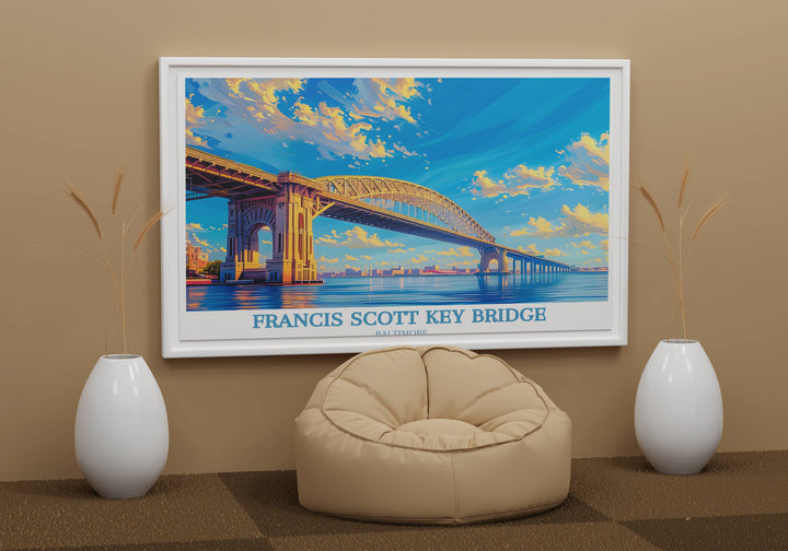 The Baltimore Bridge, elegantly depicted in this Maryland art work, makes a stunning travel poster. Its digital format is ideal for those looking to bring a piece of Baltimore into their home or office.