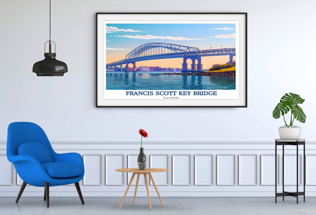 Artistic digital download featuring the Francis Scott Key Bridge, blending historical charm with modern aesthetics in a composition that captures the essence of Marylands architectural heritage.